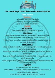 carta menú español Auberge Cendrillon princesas adulto